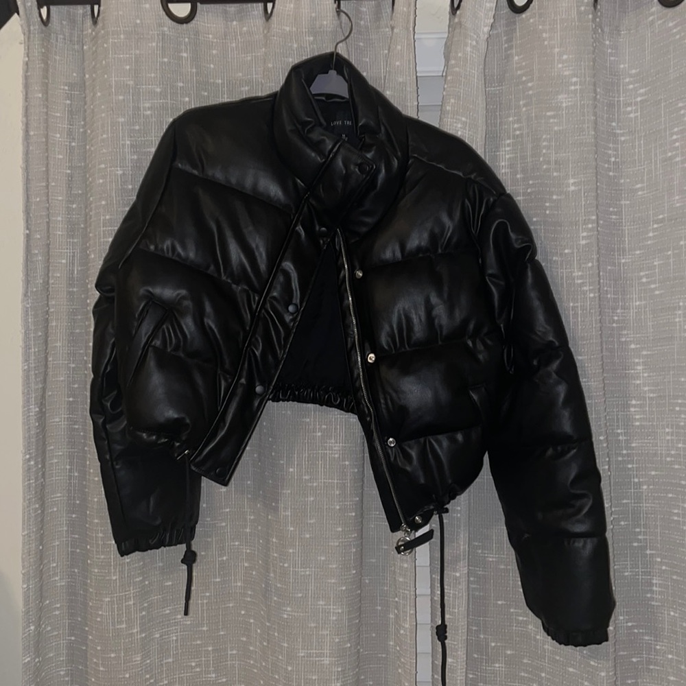 Black leather ( faux ) cropped bomber jacket. Size M